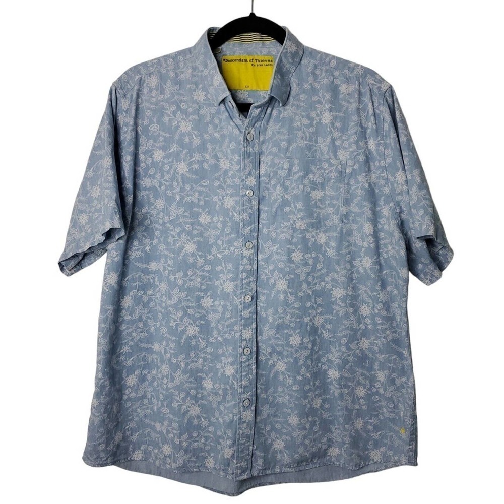 DESCENDANT OF THIEVES Button Up Shirt Mens 2XL Blue Floral Short Sleeve